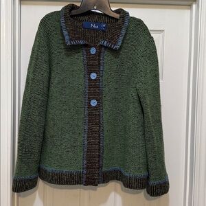 Nua Merino Wool Silk Knit Jacket Cardigan Green Brown L